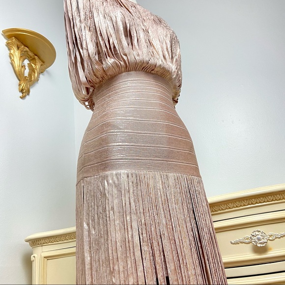💔SOLD $2,350 Hervé Léger Selena Gold Fringe Gown - Picture 7 of 14